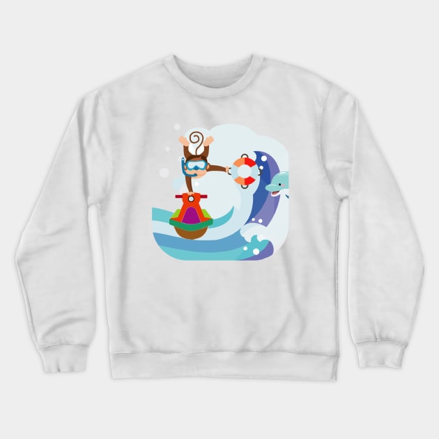 Fun monkey doing stunts on a jet ski, finding a dolphin surfing a wave Crewneck Sweatshirt by Ideas Design